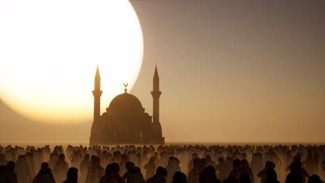 a mosque on a desert, arid environment, with a middle eastern dressed crowd standing idle on sunset with dark shadows, 3d animation, 3d scene, dystopian theme, camera dolly right