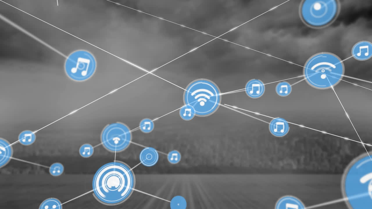 animación de una red de iconos digitales frente a una vista aérea del paisaje urbano