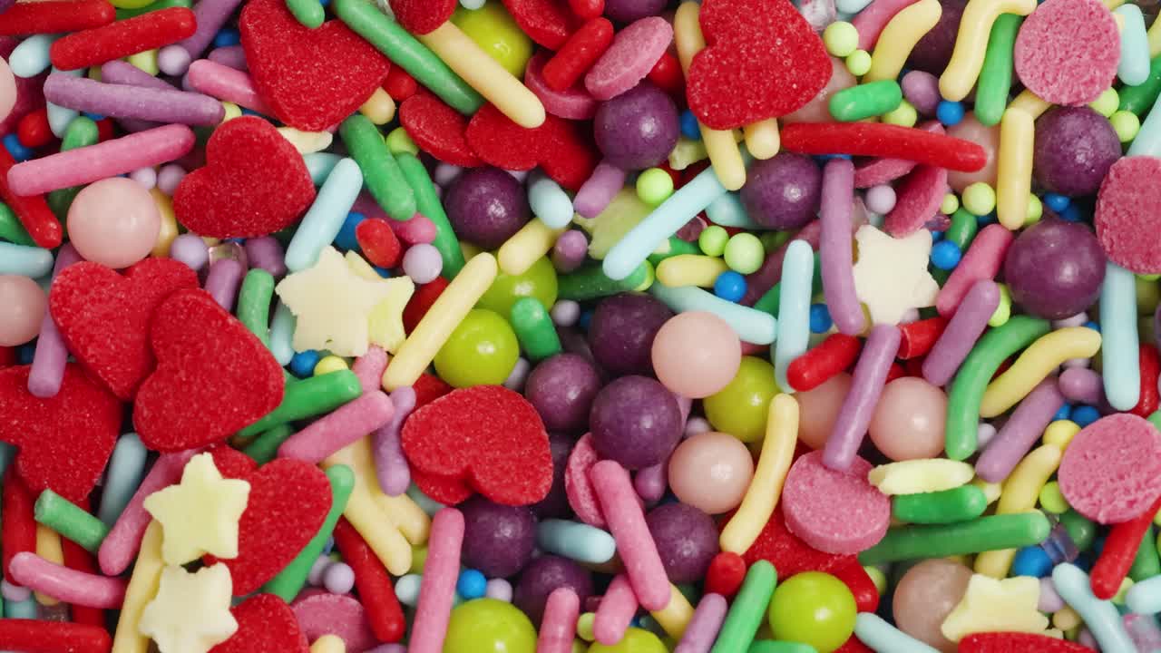 Vibrant sprinkles cascade in a close-up view, showcasing a dynamic and colorful display with a playful mood