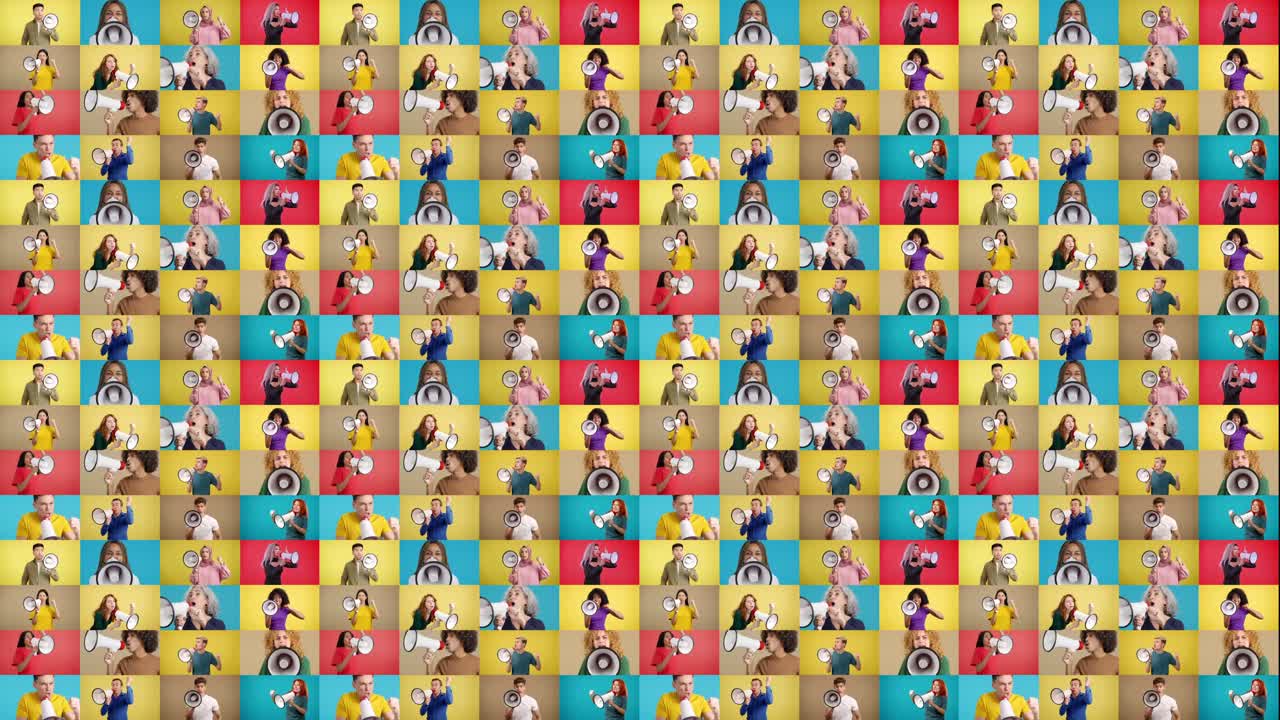 Diverse group of people using megaphones in a repeating pattern