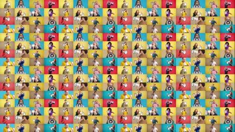 diverse group of people using megaphones in a repeating pattern