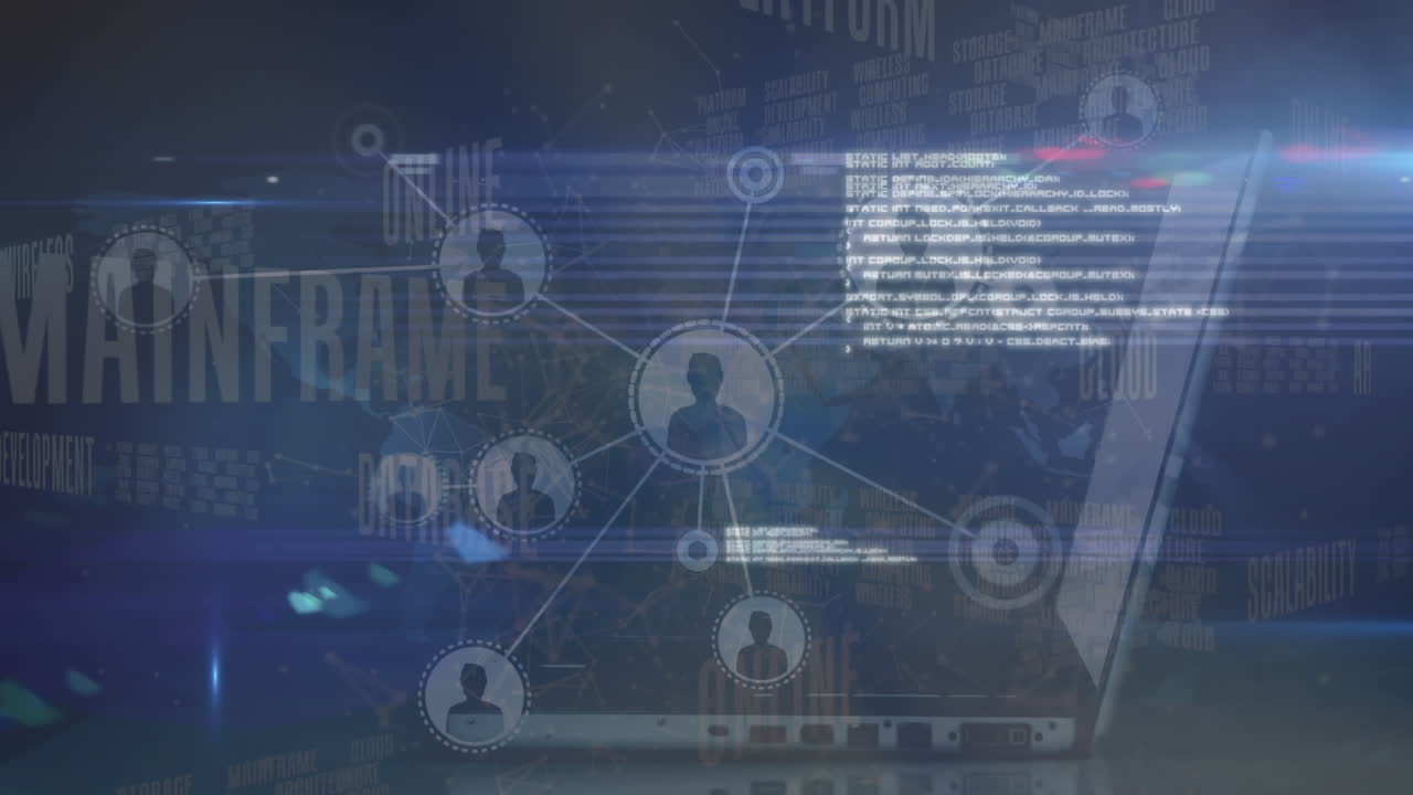 Animation of person using laptop over network of people icons and data processing