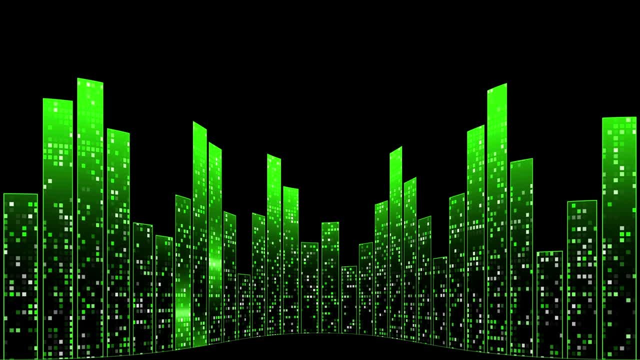 Equalizer in a curved wall. Curved flexible wall made of green pixel posts. Stage perspective.