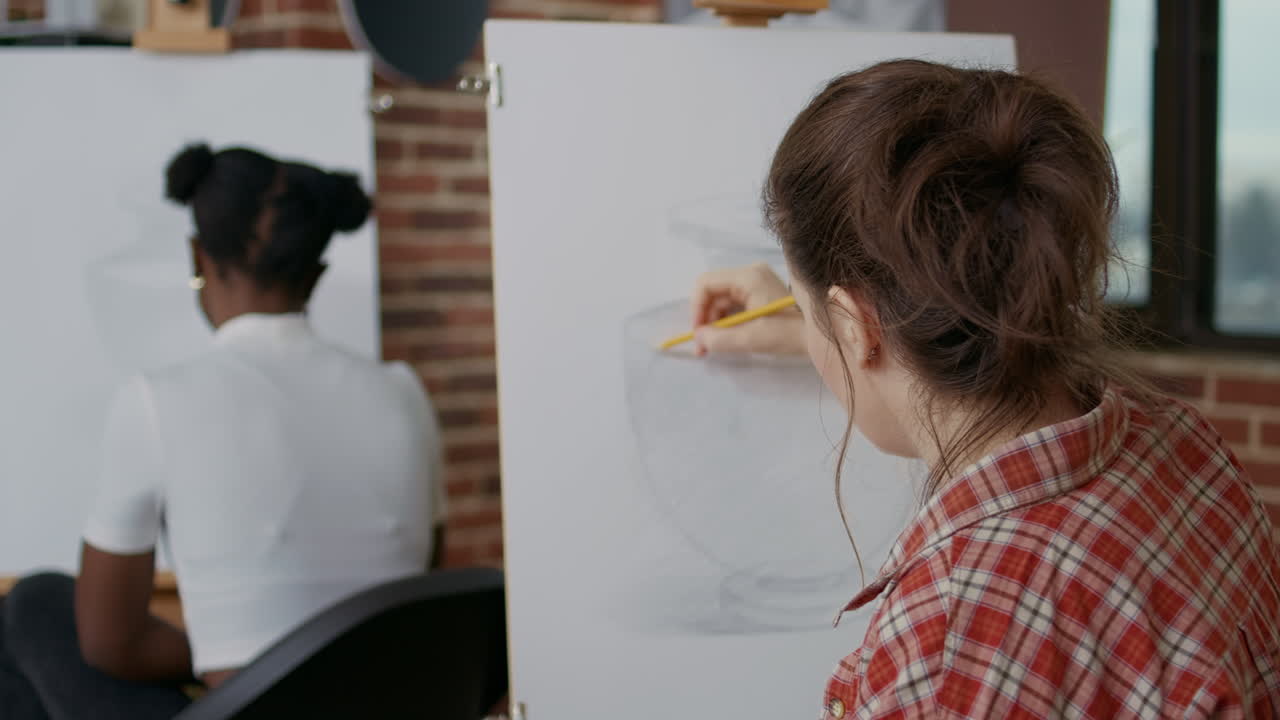 Young woman using pencil to draw vase on white canvas