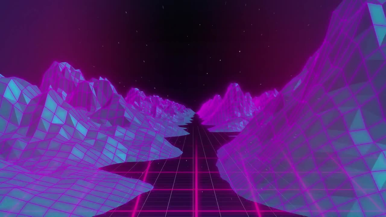 Animation af neonlandskab over metaverse-gitter