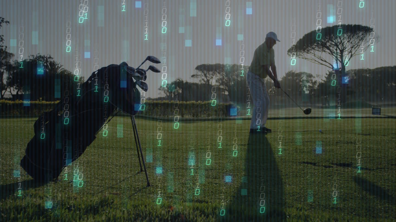 Senior man swinging golf driver on golf fairway, with falling binary code representing technology