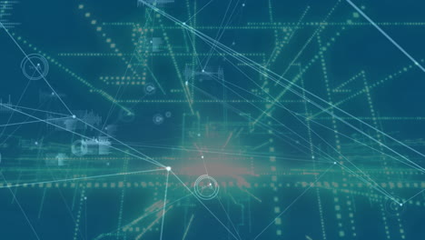 Animation of network of connections over digital city on blue background