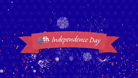 confetti falling over happy independence day text against fireworks exploding on blue background