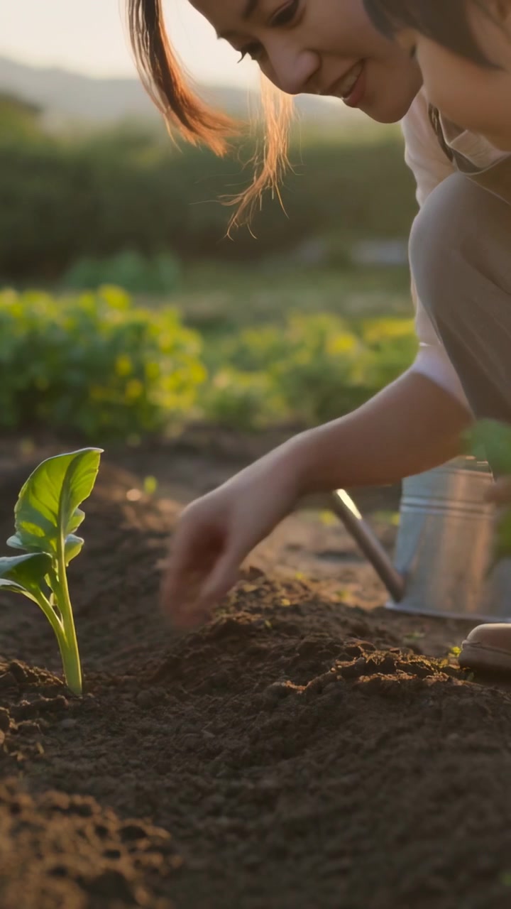 Video vertical: Mamá con delantal sosteniendo una plántula sobre un agujero, plantando en el jardín y guiando a un niño con una regadera.