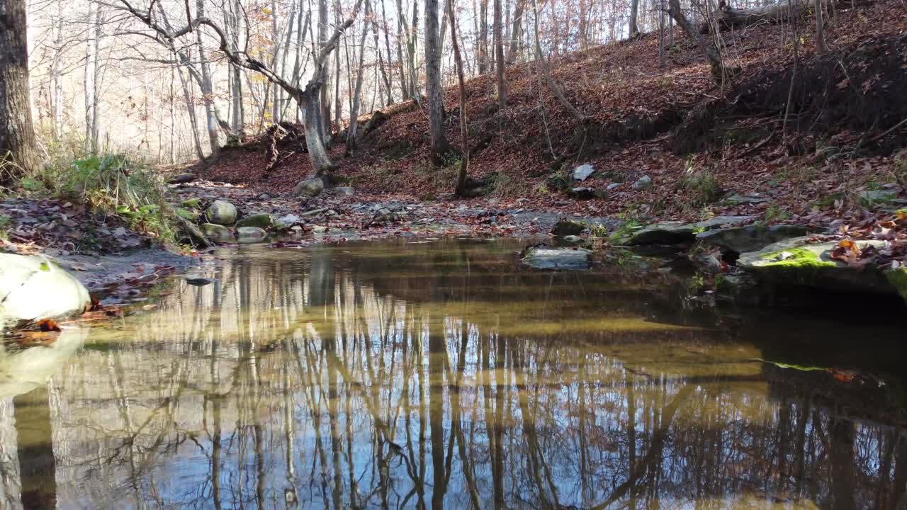 Low flying drone above shallow water pool in Ausable River Valley, Ontario, Canada