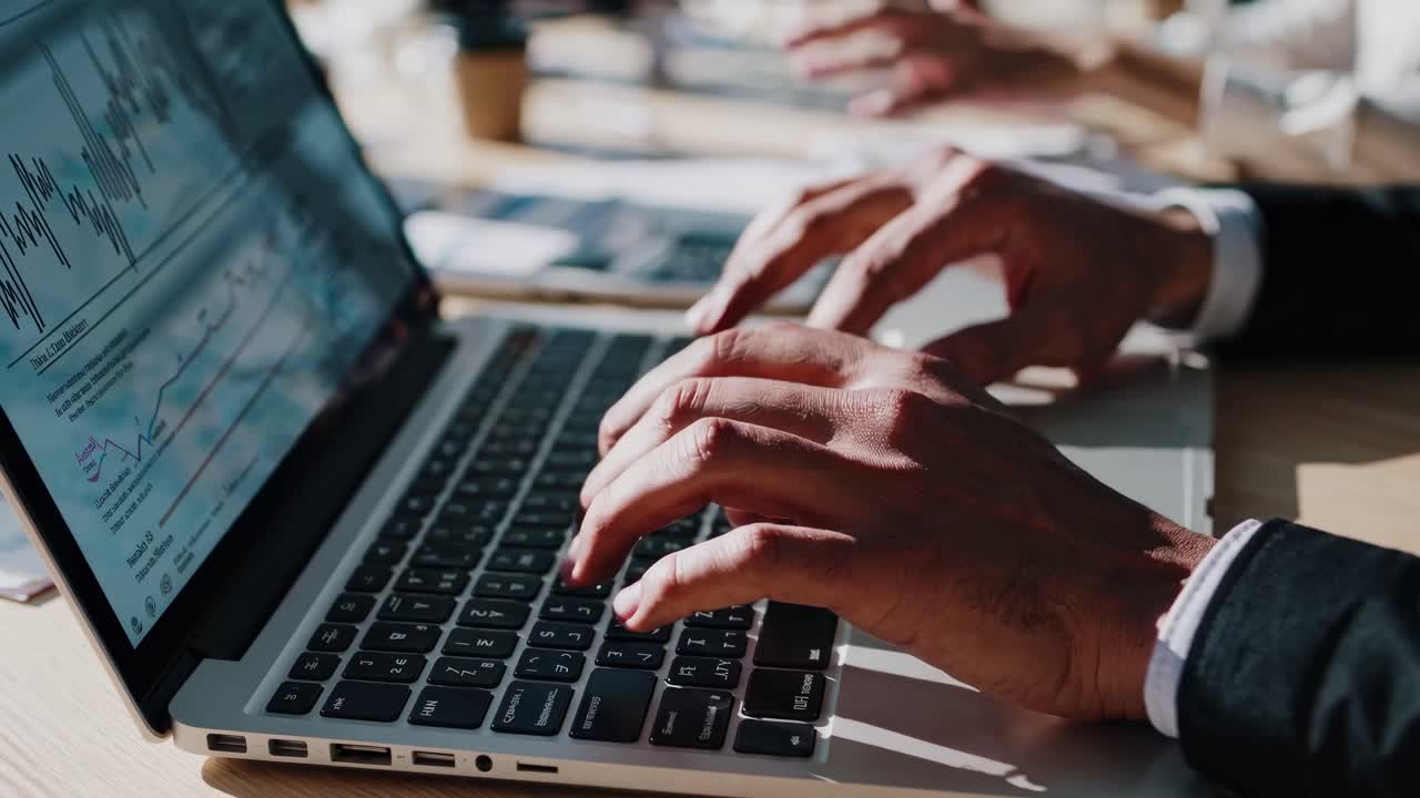 A video of a modern office meeting, captured from a side angle, showing diverse professionals