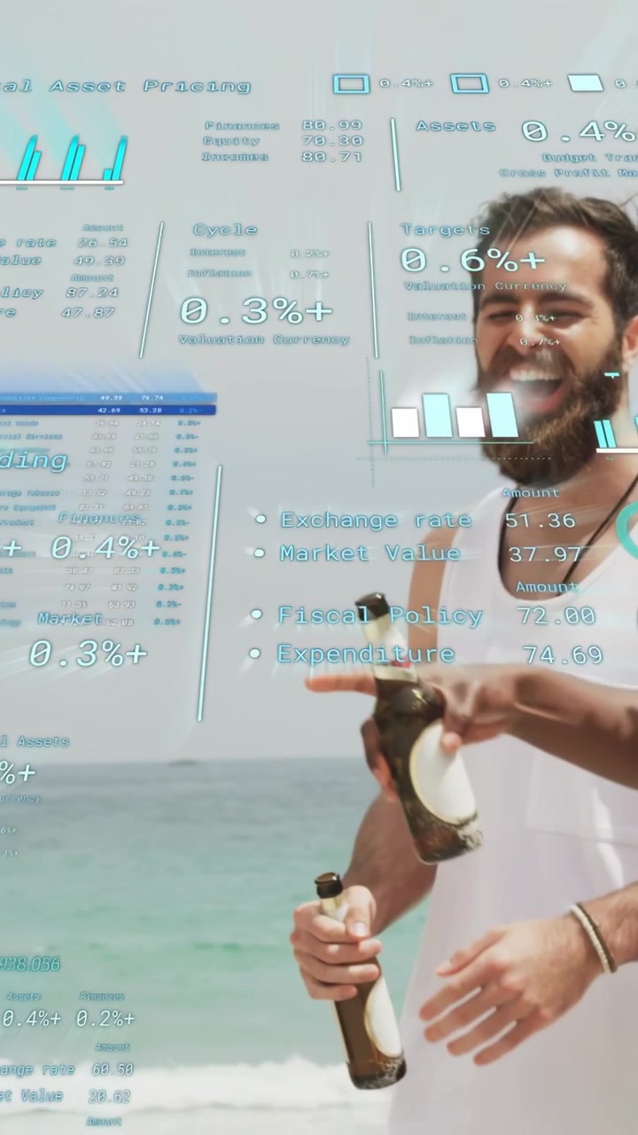 Vertical video: Man holding beer smiling shore toasting, pal handing bottle causing finance charts