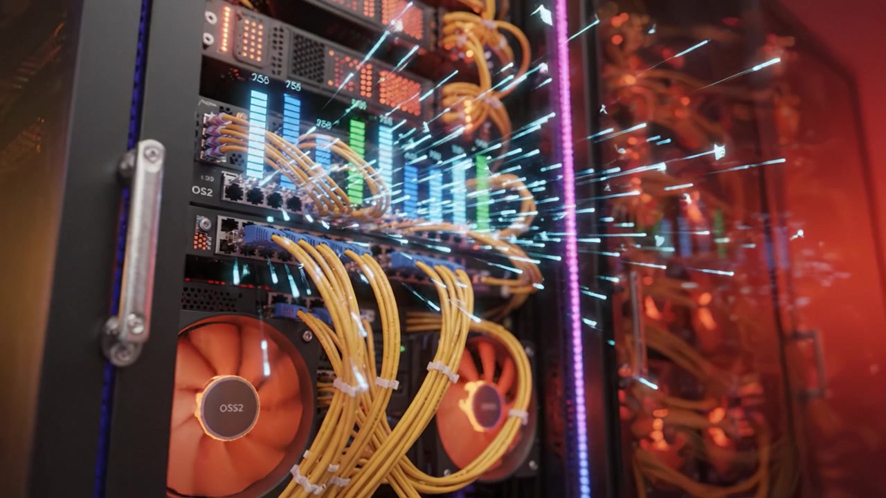A Close-Up Look at a Modern Data Center Rack with Colorful Cables and Fans Illuminated by LED Lights, Showcasing Cutting-Edge Technology Infrastructure.
