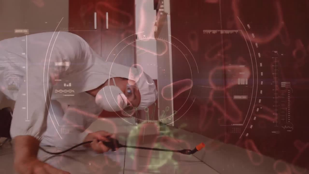 covid-19 se extiende sobre un hombre que usa un traje de protección y una máscara facial en el fondo