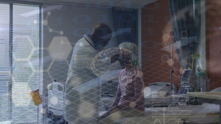 Animation of data processing with digital brain over diverse doctor and patient at hospital