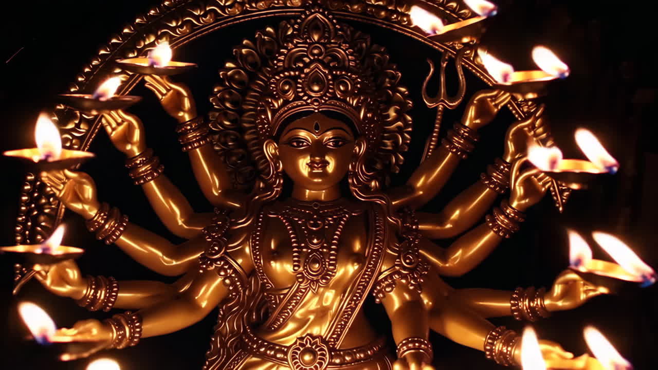 Golden Statue of Durga with Diyas