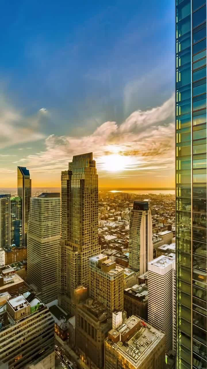 Vídeo aéreo de um horizonte urbano ao pôr do sol, capturando cores vibrantes e nuvens dramáticas.