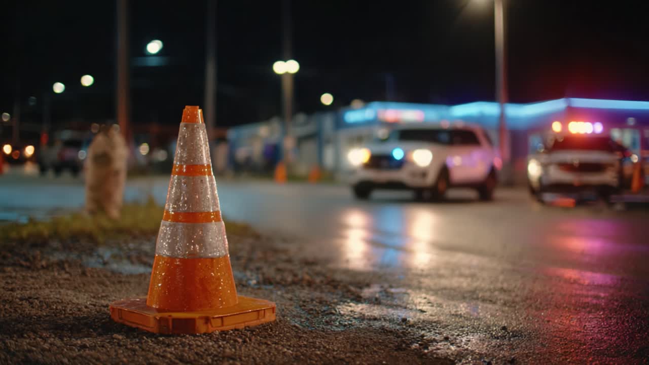 Nighttime Scene Featuring Road Safety Cone with Emergency Vehicles in the Background, Signifying Public Safety Protocols and Traffic Management Efforts