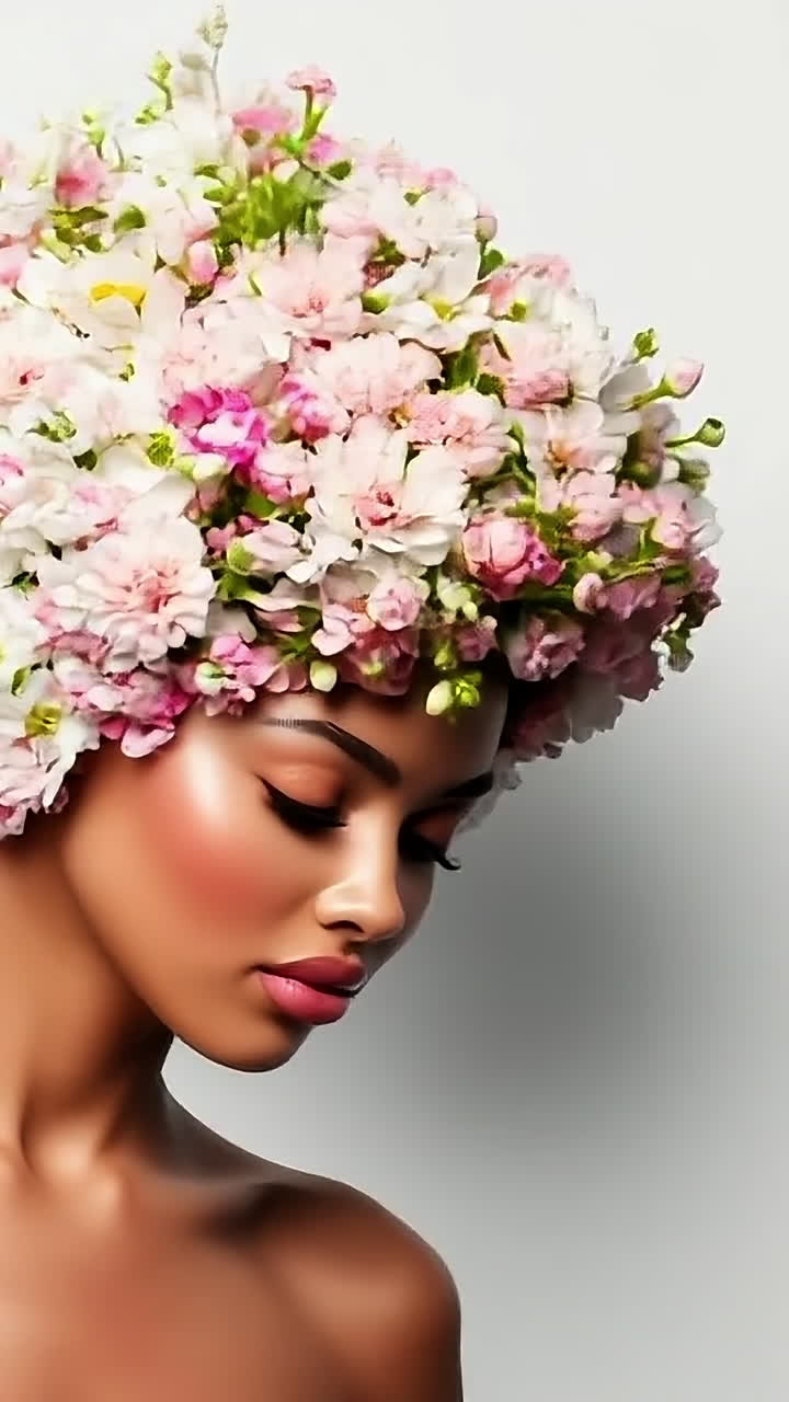 L'arte floreale per capelli emana eleganza. Una modella sfoggia un'acconciatura floreale con vivaci fiori rosa, bianchi e gialli in un ambiente minimalista.