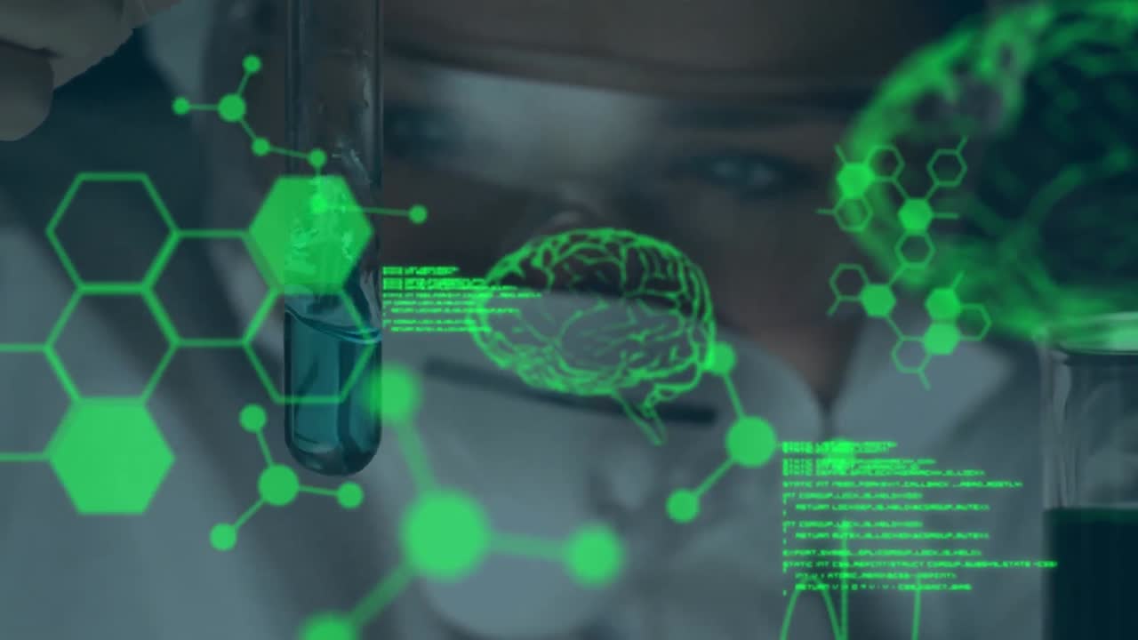 animación de cerebro digital, moléculas y procesamiento de datos sobre científico caucásico en el laboratorio