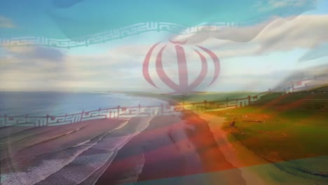 digital composition of iran flag waving against aerial view of waves in the sea