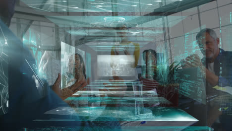 animación del procesamiento de datos financieros sobre diversas personas de negocios en la oficina