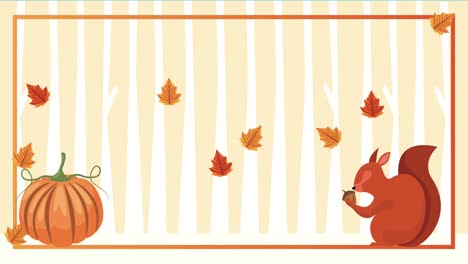hello animación de otoño con ardilla y calabaza en el marco
