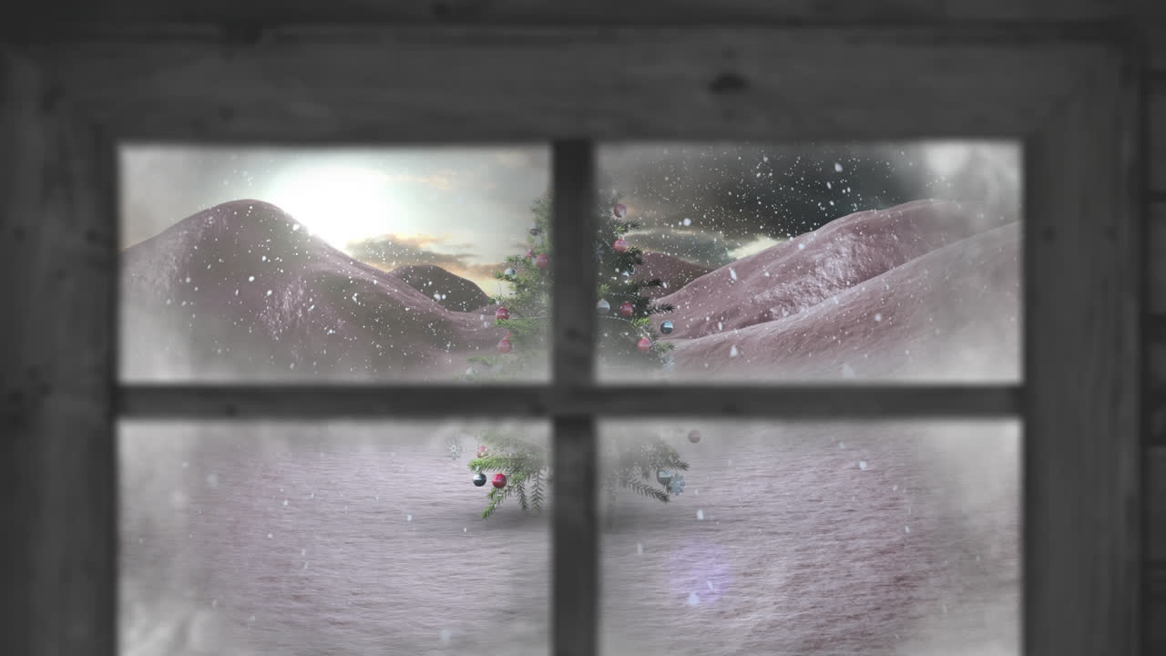 겨울 풍경에 크리스마스 트리 위에 내리는 눈에 대한 나무 창문 프레임