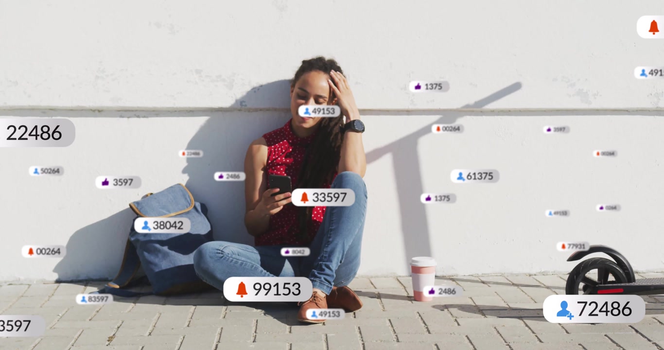 Woman receiving alert on smartphone watching marketing metrics rising shrinking monitoring growth