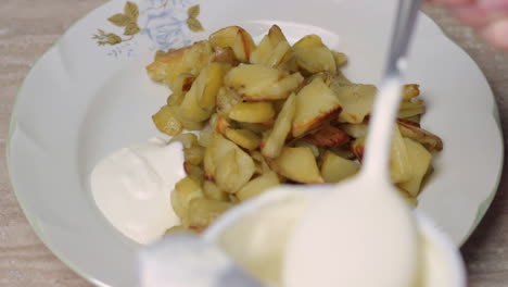 Close-up-of-sour-cream-being-put-on-white-dish-next-to-cooked-potatoes