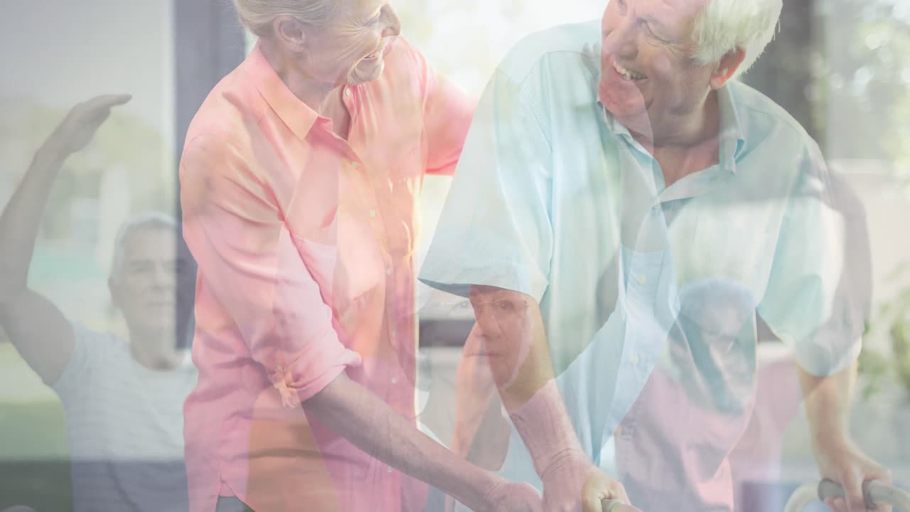 요가를 연습하는 다양한 노인들에 대한 행복한 노인 백인 부부의 애니메이션