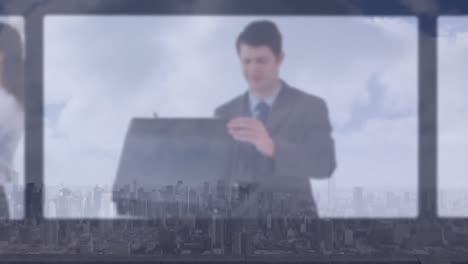 animation of slides with diverse business people over cityscape