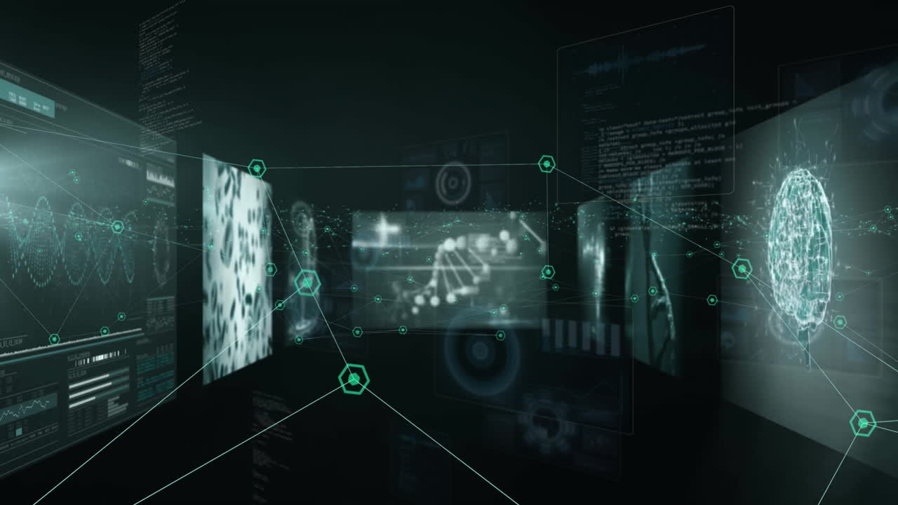 Animation of screens with data processing over dark background