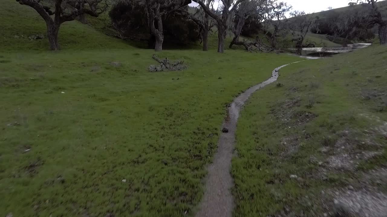 el dron vuela a lo largo de un arroyo flaco solo para doblar una curva en la colina y revelar una gran masa de agua rodeada de colinas verdes