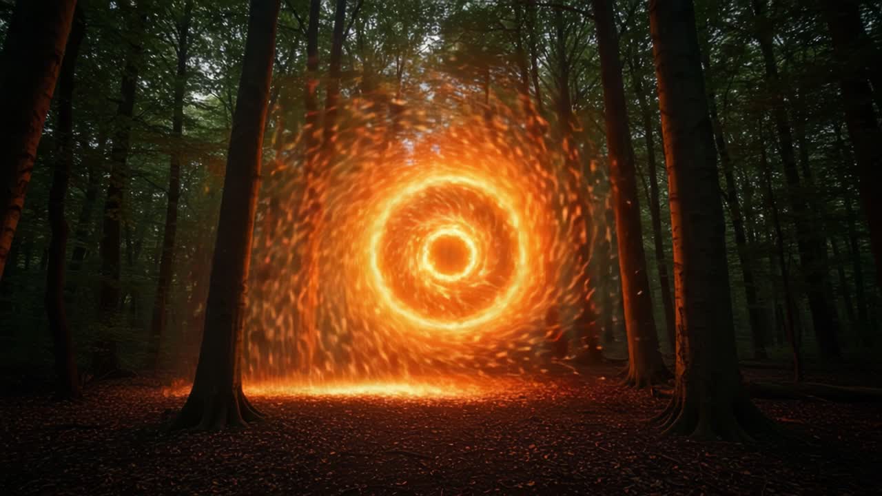 An Enigmatic Portal of Light Erupts from the Forest Floor in a Dazzling Display of Orange Sparks Surrounded by Tall Trees and Lush Greenery