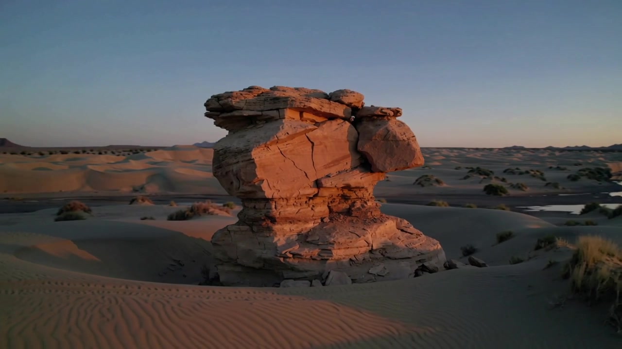 Telecamera che scivola rivelando un pilastro di roccia eroso su una pianura desertica, per mostrare il lato destro illuminato dal sole.