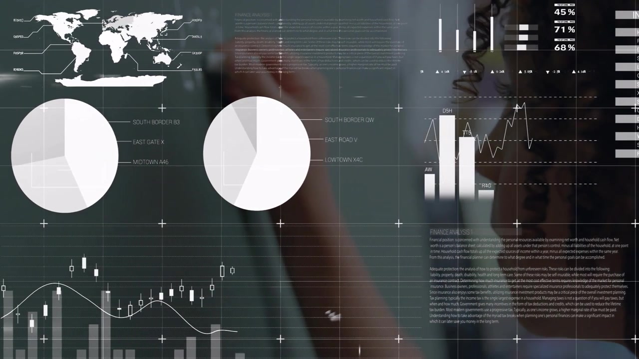 Woman writing math on transparent glass causing line graphs, gauges and charts animating analytics