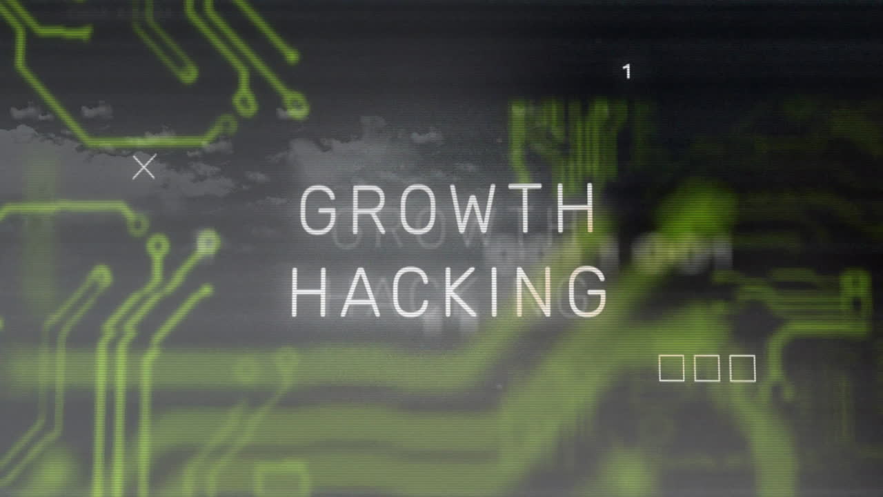 Growth hacking text animation over green circuit board design