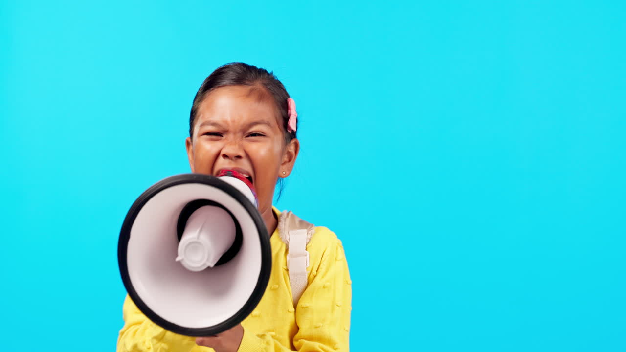 Megaphone, noise and face of girl child screaming