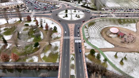 roundabout covered in snow in spain, aerial view