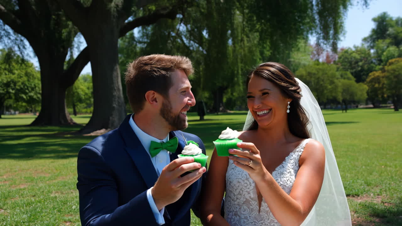 Newlyweds Enjoy Cupcakes at Their Outdoor Wedding Celebration