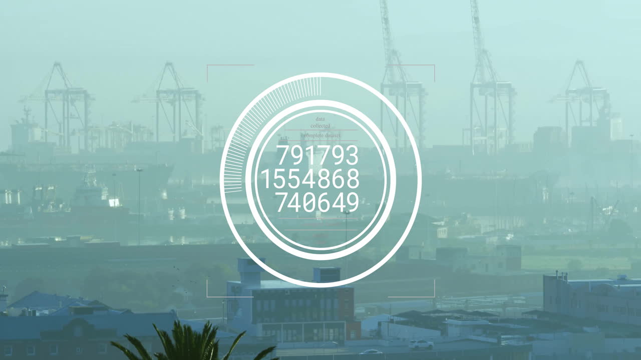 Animação de processamento de dados financeiros sobre a paisagem urbana