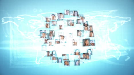 animation of network of connections with people photos over world map