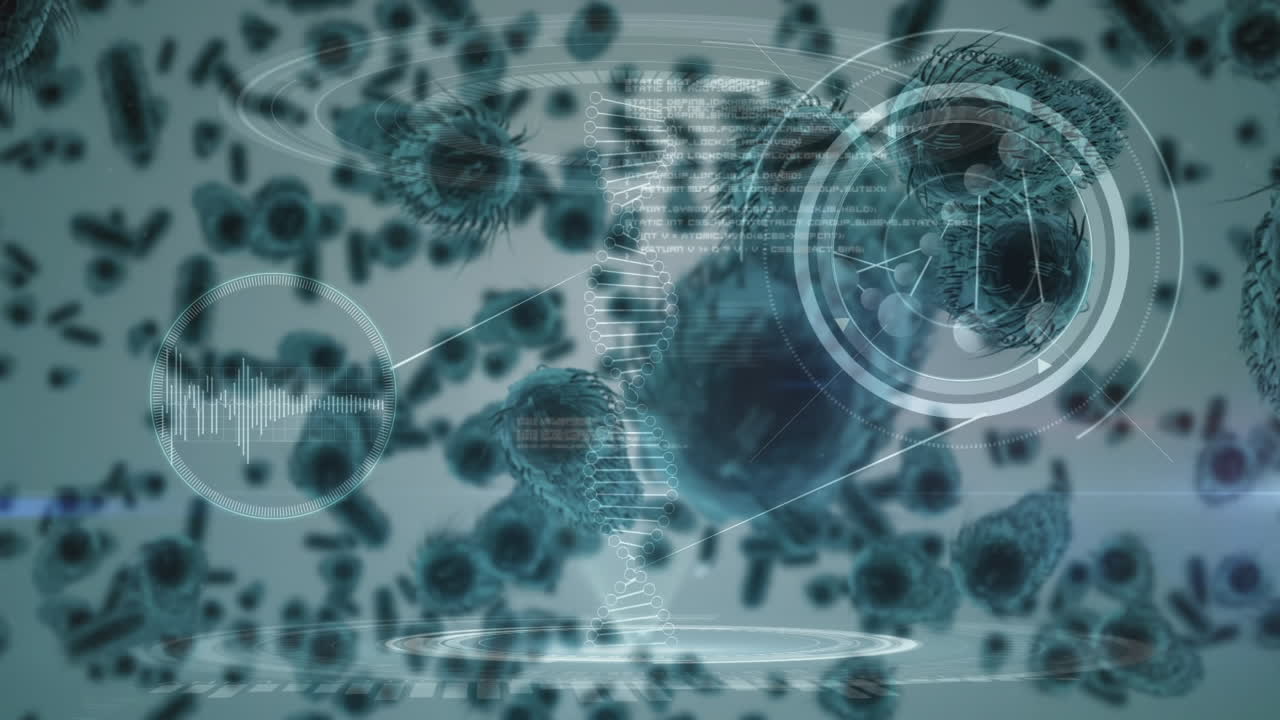 animación de la proliferación bacteriana rodeada de moléculas y adn