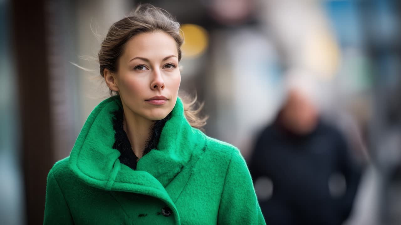 A Confident Woman in a Green Coat Walking Through a City Street, Capturing the Essence of Sophistication and Grace Amidst a Busy Urban Environment