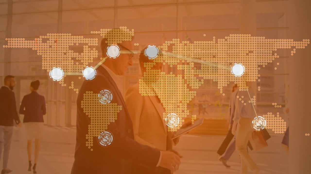 Two businessmen walking through airport lobby, displaying global connectivity map with data nodes