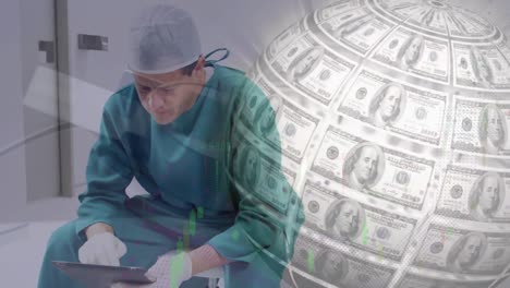 Animation-of-globe-formed-with-american-dollar-bills-over-male-surgeon