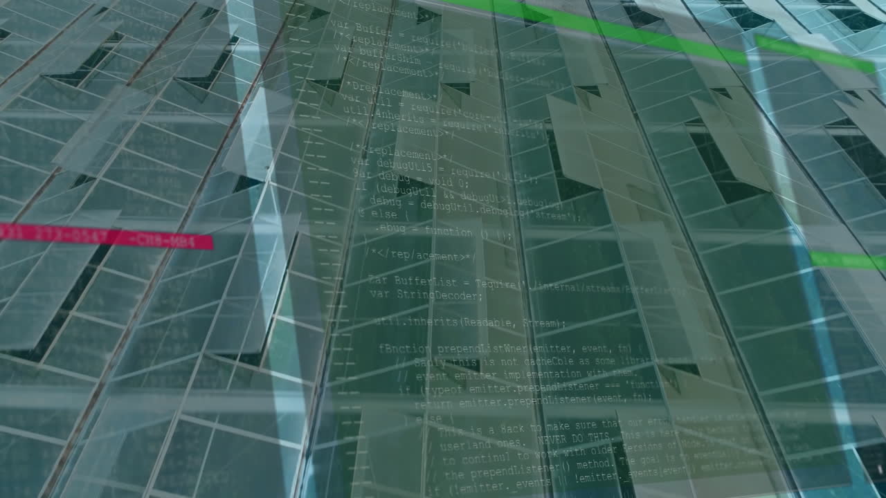 High-rise reflective glass panels glowing with flowing code lines and colored streaks in 3D render