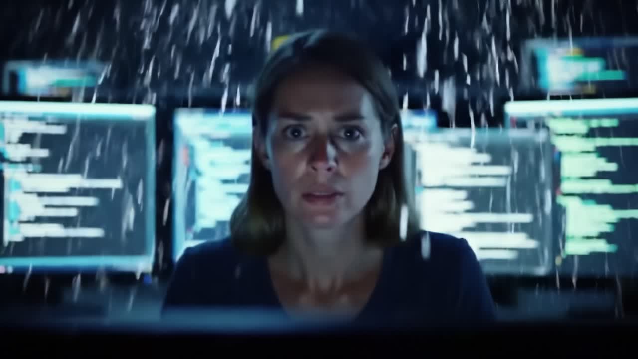 A focused individual in a dimly lit environment, surrounded by multiple computer screens displaying streams of code and data, conveying a sense of intensity and urgency