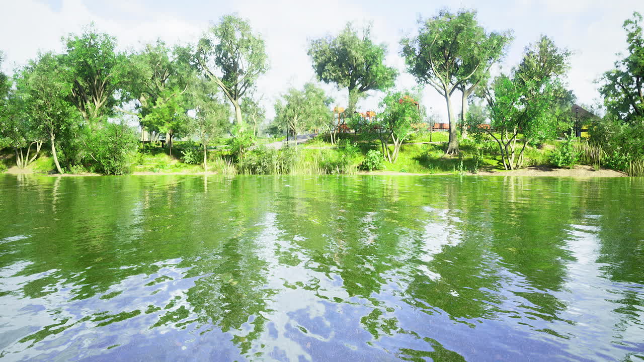 Lush green trees reflect in a serene river setting during bright daylight